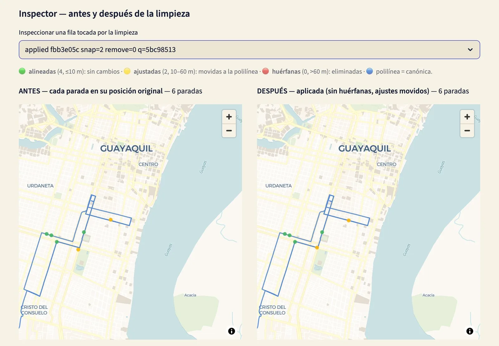 Mapas de antes y después de una limpieza de ruta en Guayaquil
